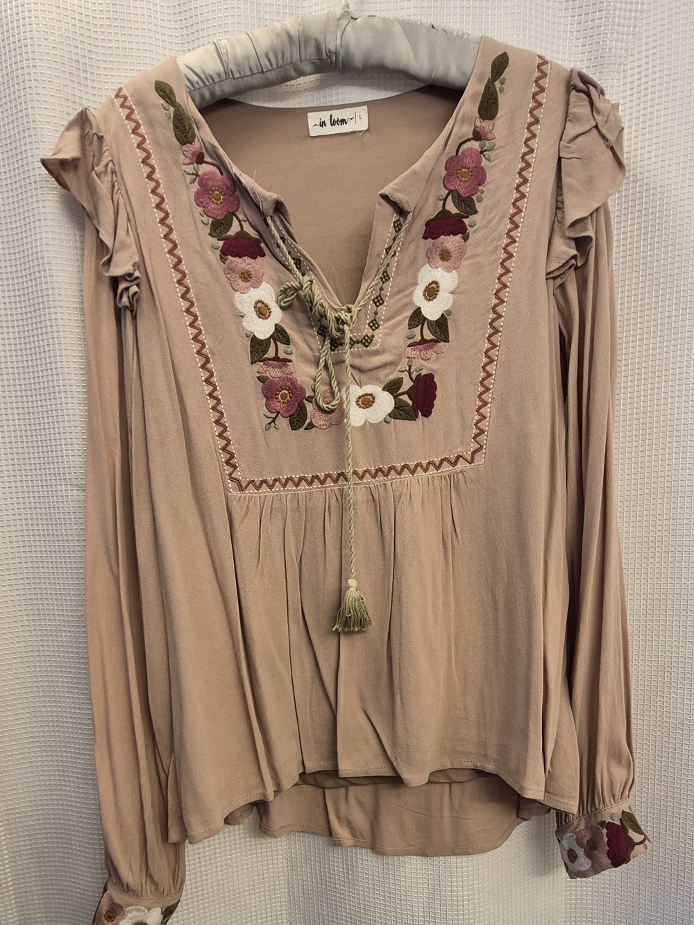 Boho Embroidered Taupe Long-Sleeve Womens Top